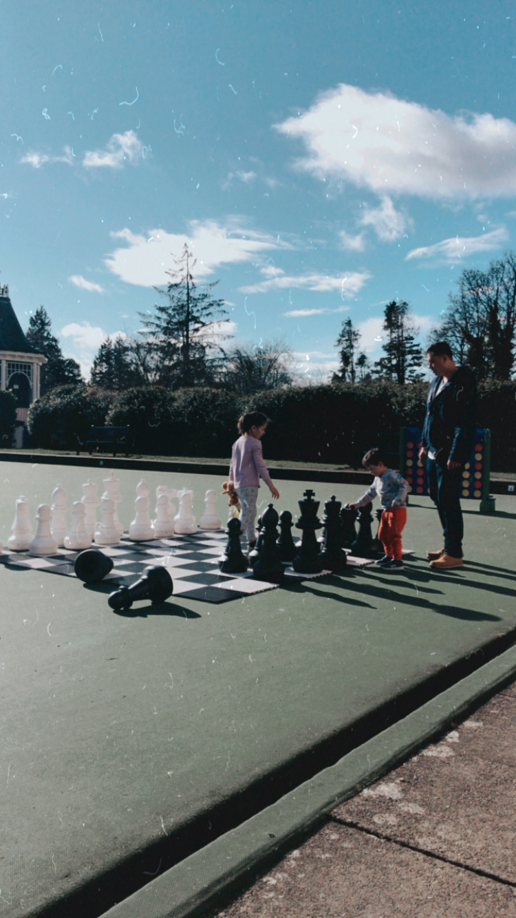 family playing outdoor chess